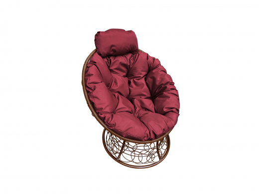Кресло Папасан мини с ротангом бордовая подушка